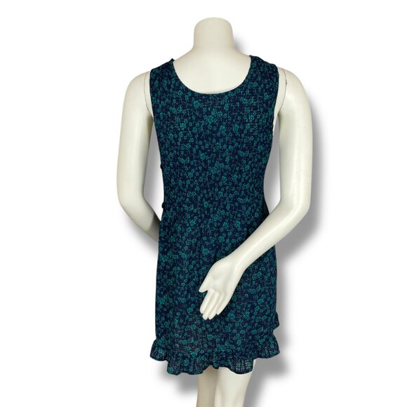 Floral Tunic Top Button-Side Shirred Sleeveless Semi-Sheer Blue Teal Pockets - Picture 2 of 11